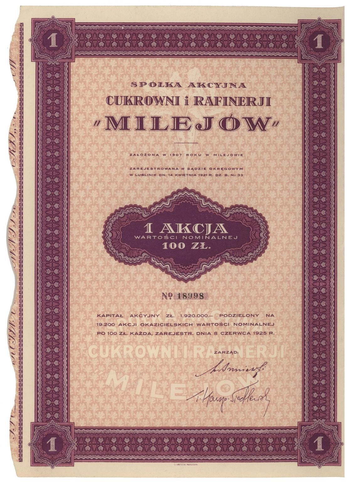 Zdjęcie akcji Cukrownia i Rafineria "Milejów" Spółka Akcyjna