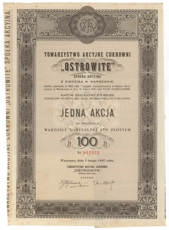 Zdjęcie akcji Towarzystwo Akcyjne Cukrowni "Ostrowite" Spółka Akcyjna