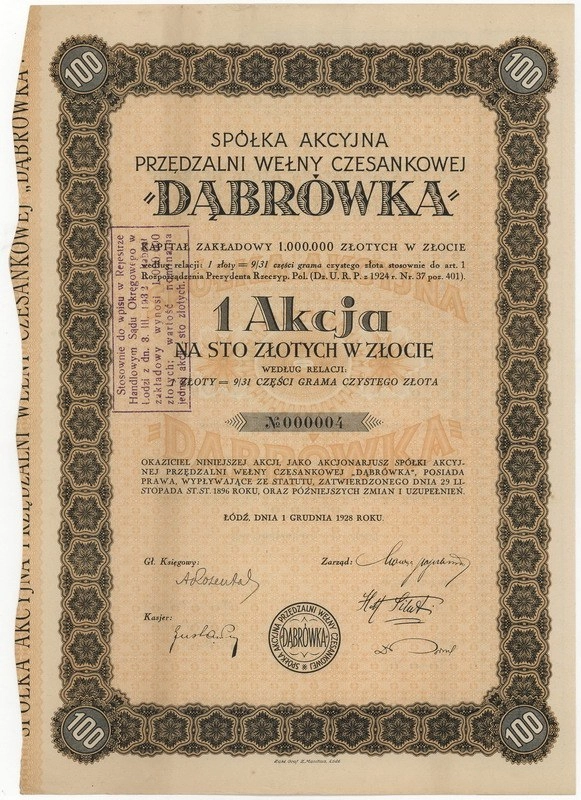 Zdjęcie akcji Przędzalnia Wełny Czesankowej "Dąbrówka" Spółka Akcyjna