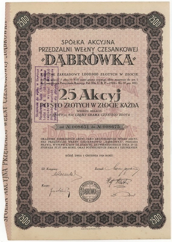 Zdjęcie akcji Przędzalnia Wełny Czesankowej "Dąbrówka" Spółka Akcyjna