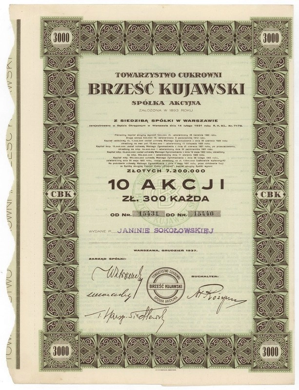 Zdjęcie akcji Towarzystwo Cukrowni "Brześć Kujawski" Spółka Akcyjna