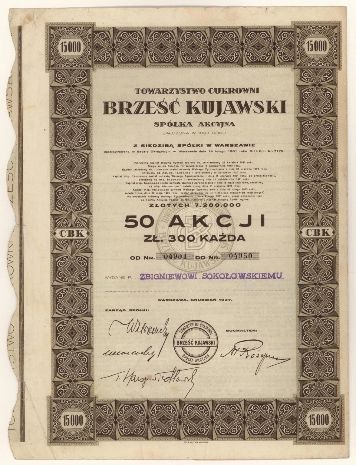 Zdjęcie akcji Towarzystwo Cukrowni "Brześć Kujawski" Spółka Akcyjna