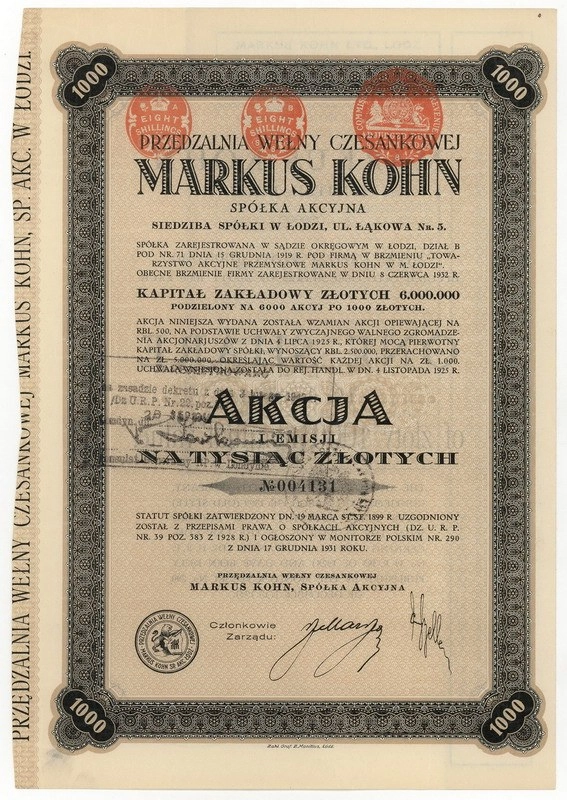 Zdjęcie akcji Przędzalnia Wełny Czesankowej "Markus Kohn" Spółka Akcyjna