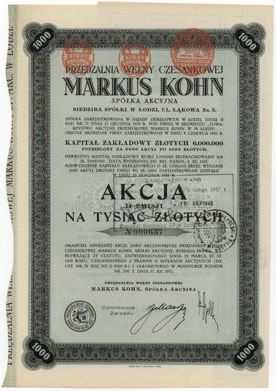 Zdjęcie akcji Przędzalnia Wełny Czesankowej "Markus Kohn" Spółka Akcyjna