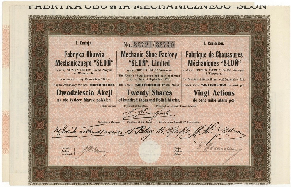Zdjęcie akcji Fabryka Obuwia Mechanicznego "Słoń" dawniej "Bracia Kipper" Spółka Akcyjna