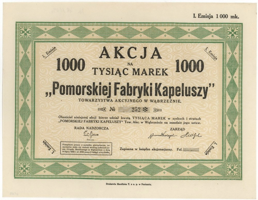 Zdjęcie akcji Pomorska Fabryka Kapeluszy Towarzystwo Akcyjne