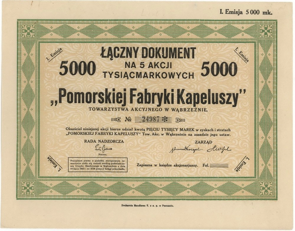 Zdjęcie akcji Pomorska Fabryka Kapeluszy Towarzystwo Akcyjne