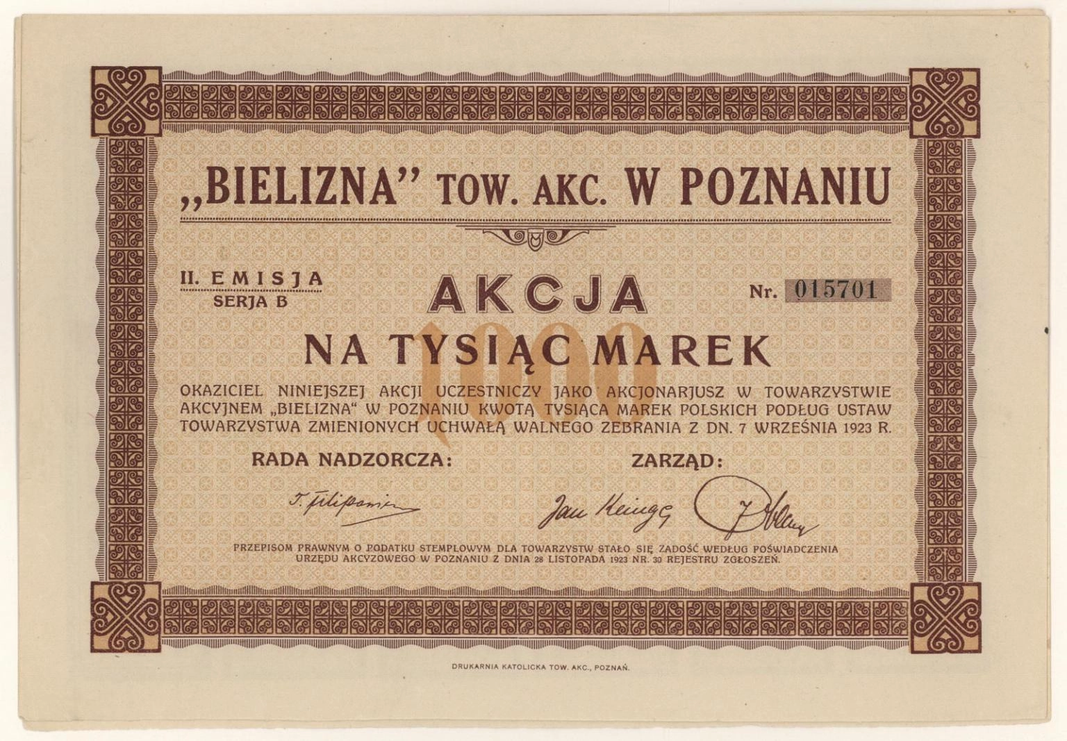 Zdjęcie akcji "Bielizna" Towarzystwo Akcyjne w Poznaniu