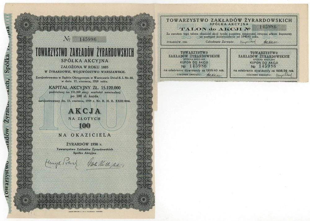 Zdjęcie akcji Towarzystwo Zakładów Żyrardowskich Spółka Akcyjna
