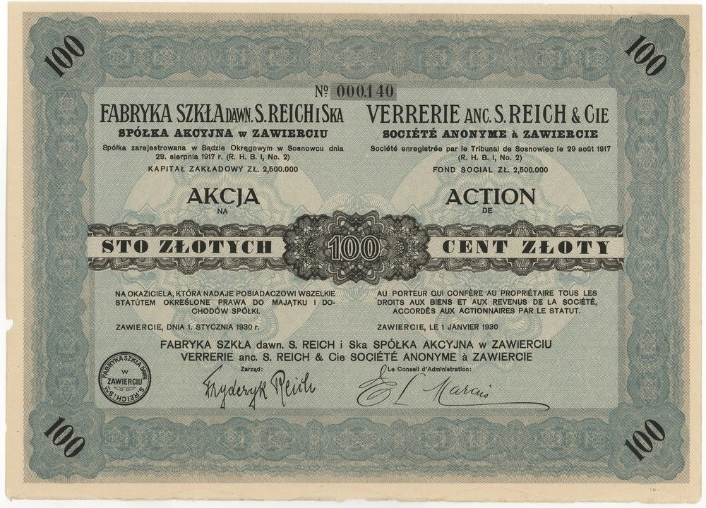 Zdjęcie akcji Fabryka Szkła dawniej "S. Reich i S-ka" Spółka Akcyjna