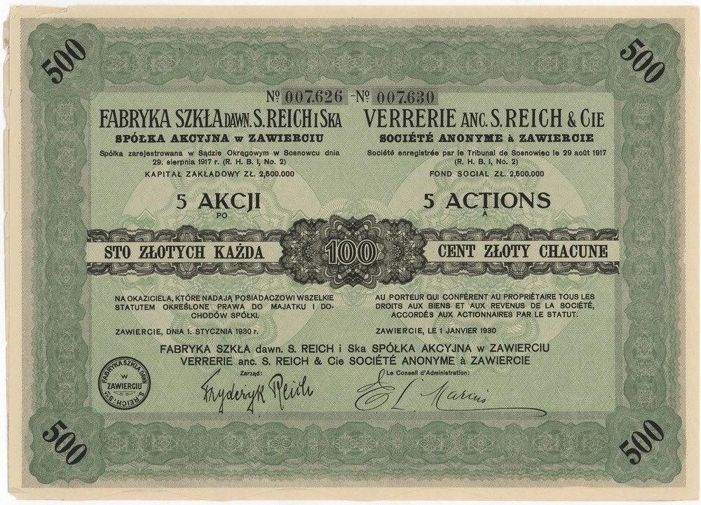Zdjęcie akcji Fabryka Szkła dawniej "S. Reich i S-ka" Spółka Akcyjna