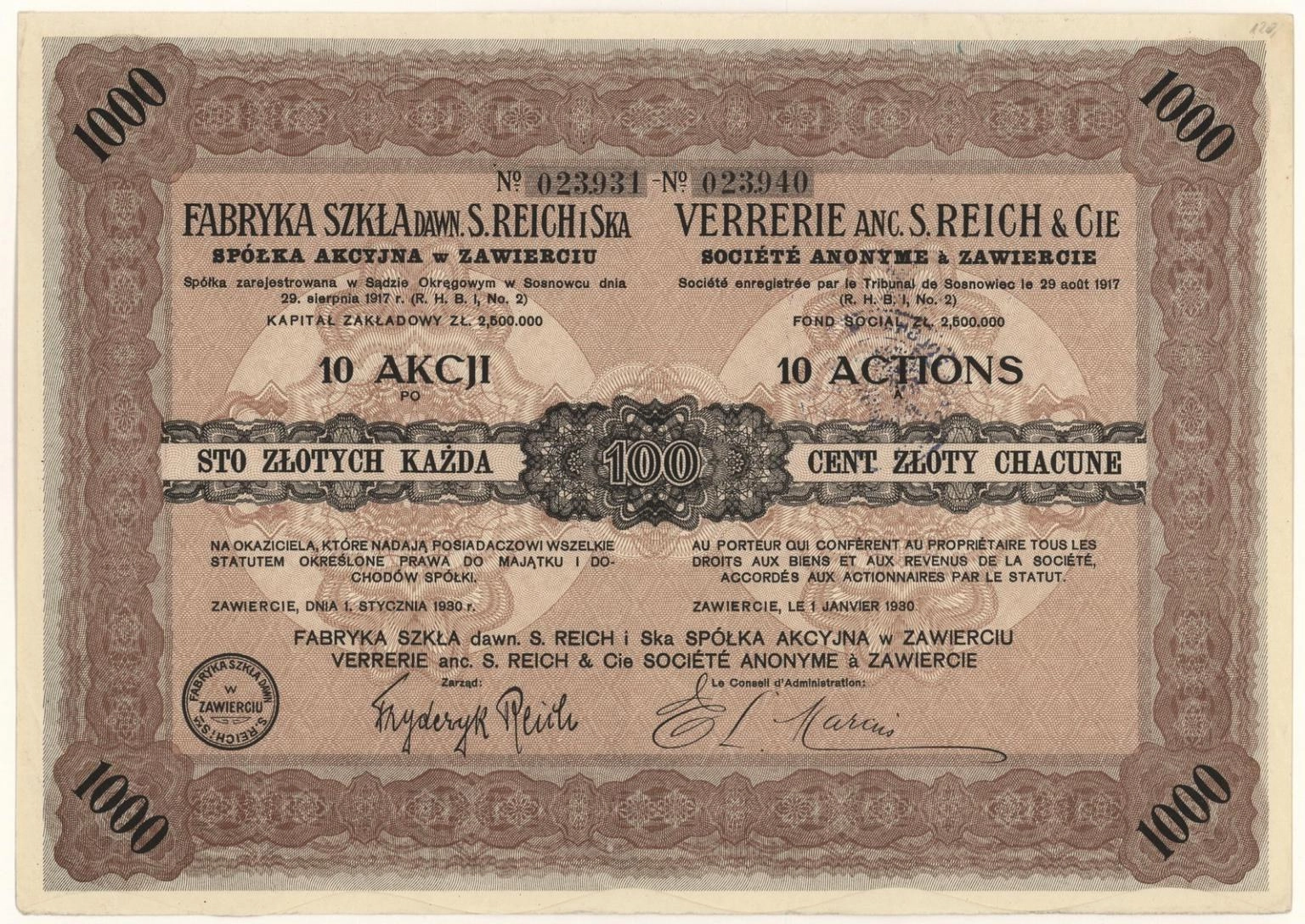 Zdjęcie akcji Fabryka Szkła dawniej "S. Reich i S-ka" Spółka Akcyjna