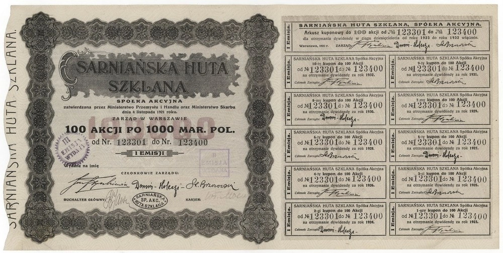 Zdjęcie akcji Sarniańska Huta Szklana Spółka Akcyjna