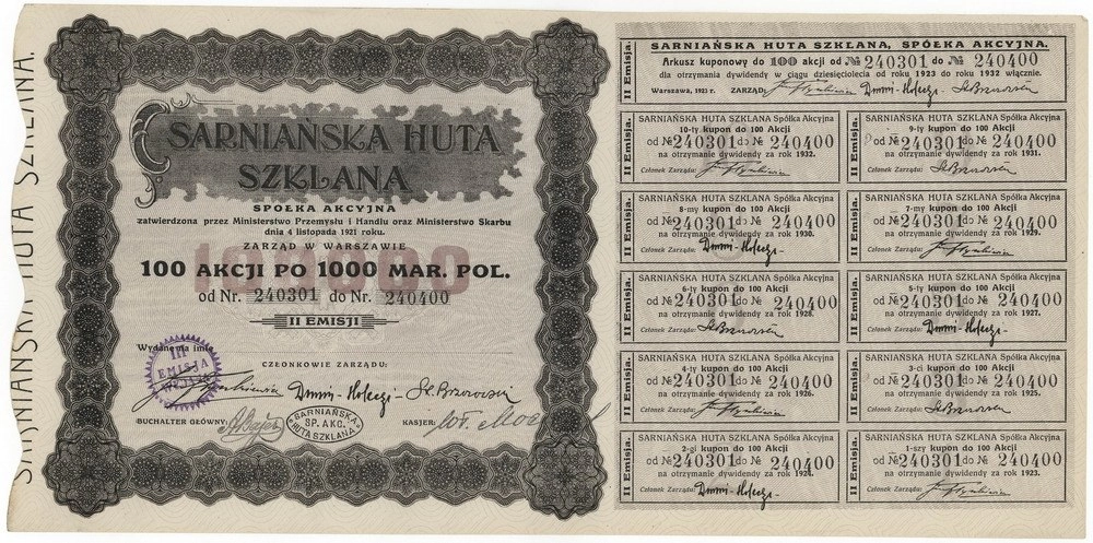 Zdjęcie akcji Sarniańska Huta Szklana Spółka Akcyjna