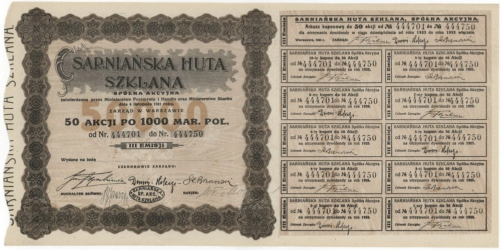 Zdjęcie akcji Sarniańska Huta Szklana Spółka Akcyjna