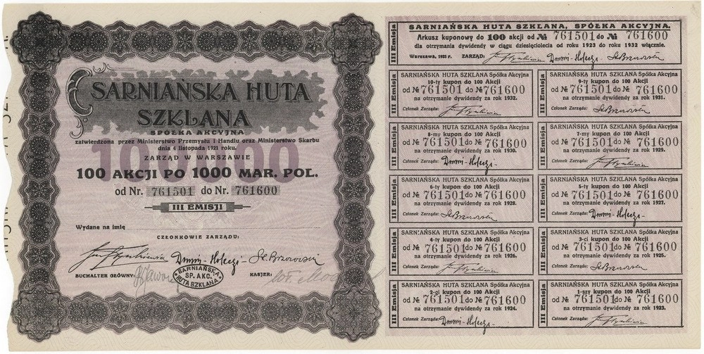 Zdjęcie akcji Sarniańska Huta Szklana Spółka Akcyjna