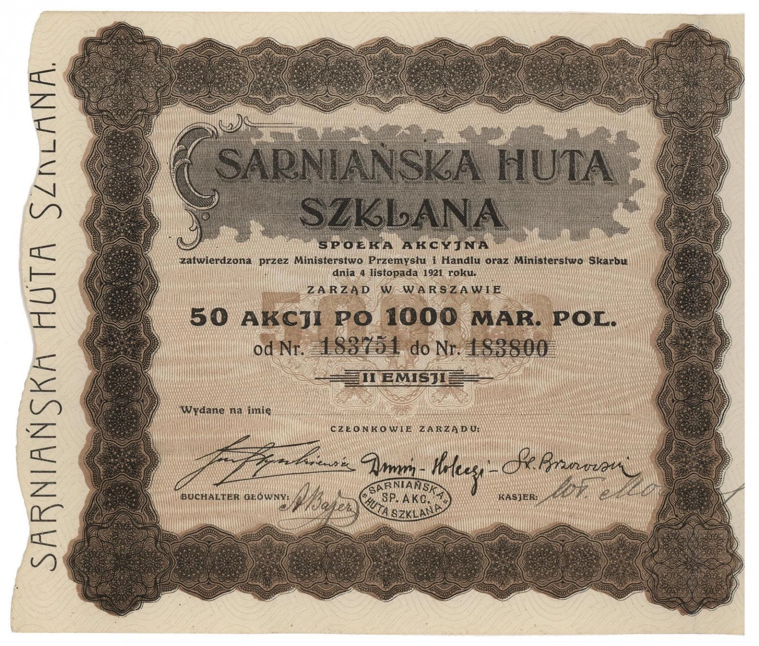 Zdjęcie akcji Sarniańska Huta Szklana Spółka Akcyjna