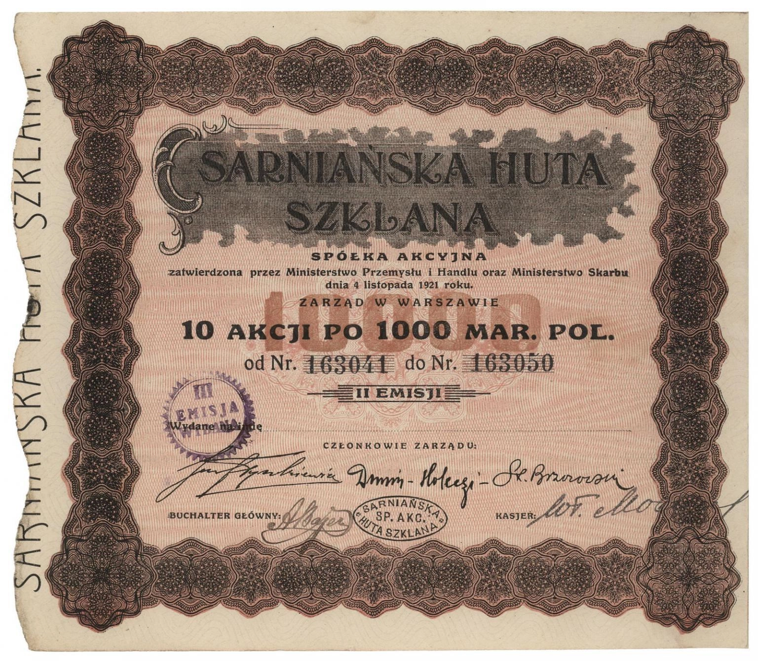 Zdjęcie akcji Sarniańska Huta Szklana Spółka Akcyjna