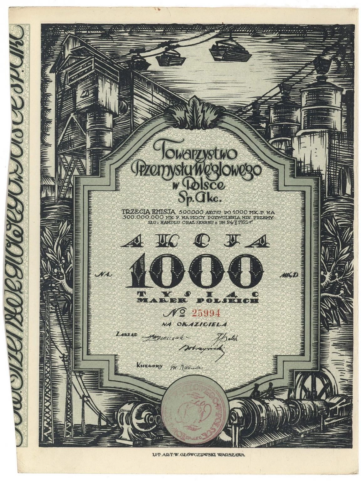 Zdjęcie akcji Towarzystwo Przemysłu Węglowego w Polsce Spółka Akcyjna