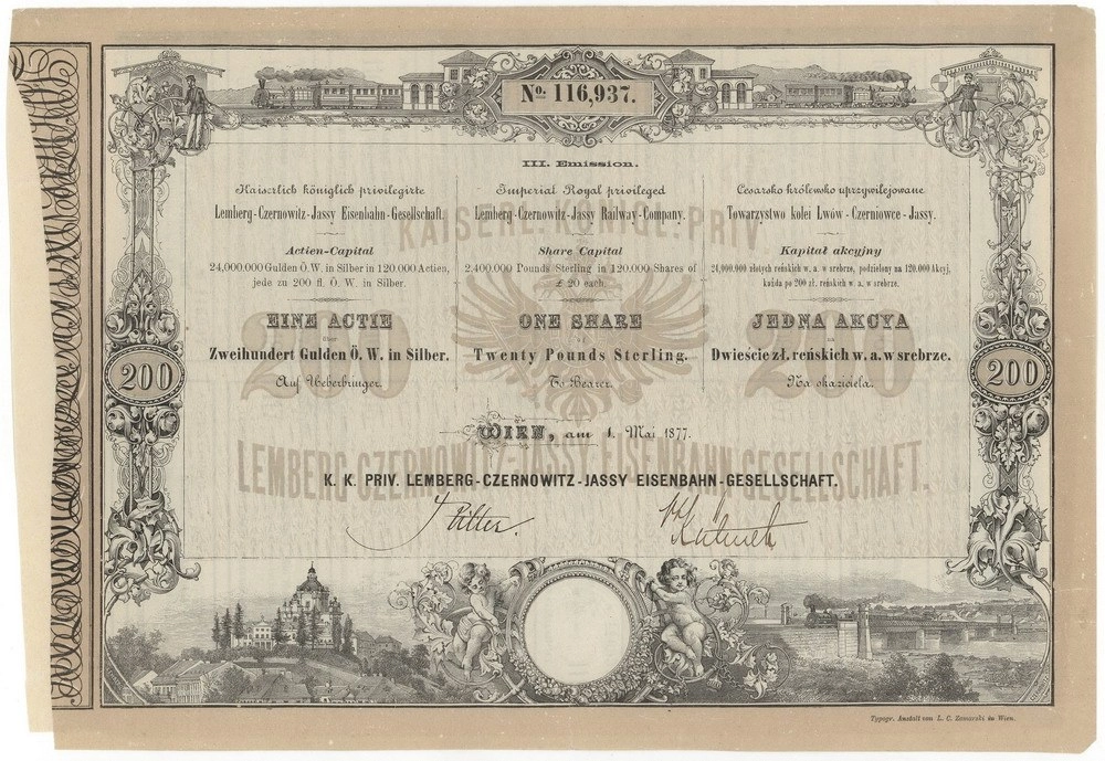 Zdjęcie akcji Cesarsko Królewskie Uprzywilejowane Towarzystwo Kolei Lwów-Czerniowce-Jassy