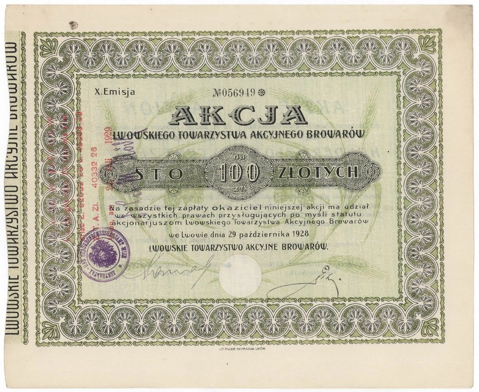 Zdjęcie akcji Lwowskie Towarzystwo Akcyjne Browarów
