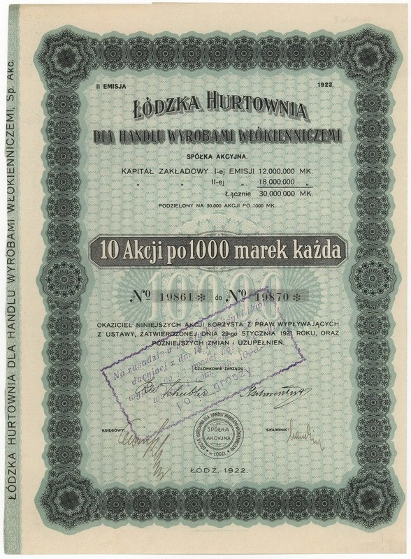 Zdjęcie akcji Łódzka Hurtownia dla Handlu Wyrobami Włókienniczymi Spółka Akcyjna