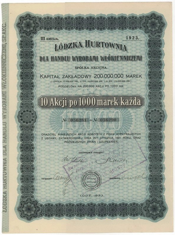 Zdjęcie akcji Łódzka Hurtownia dla Handlu Wyrobami Włókienniczymi Spółka Akcyjna