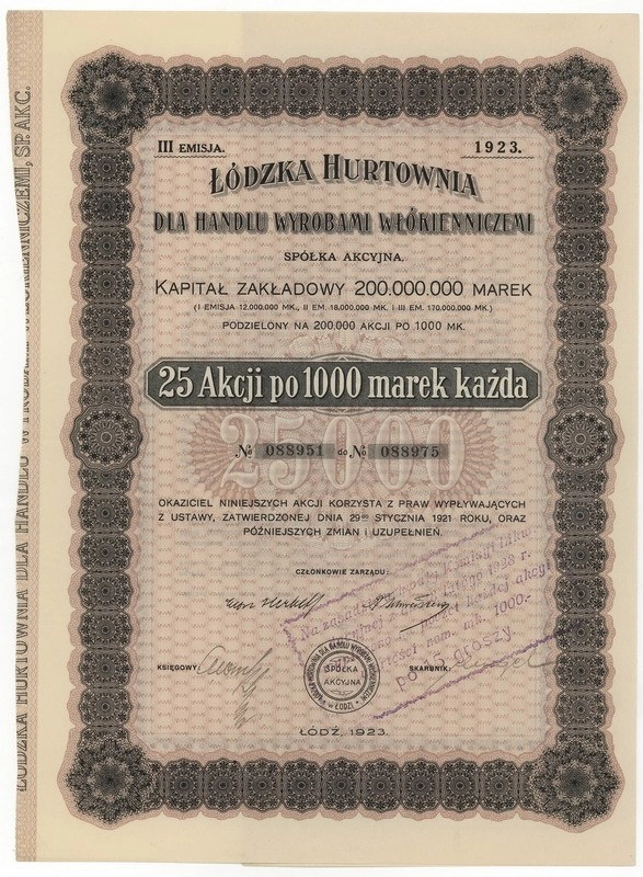 Zdjęcie akcji Łódzka Hurtownia dla Handlu Wyrobami Włókienniczymi Spółka Akcyjna