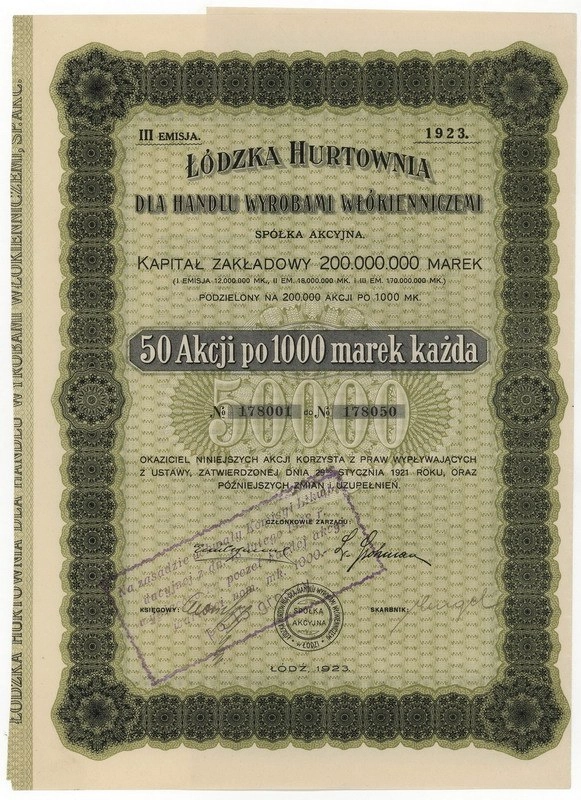 Zdjęcie akcji Łódzka Hurtownia dla Handlu Wyrobami Włókienniczymi Spółka Akcyjna