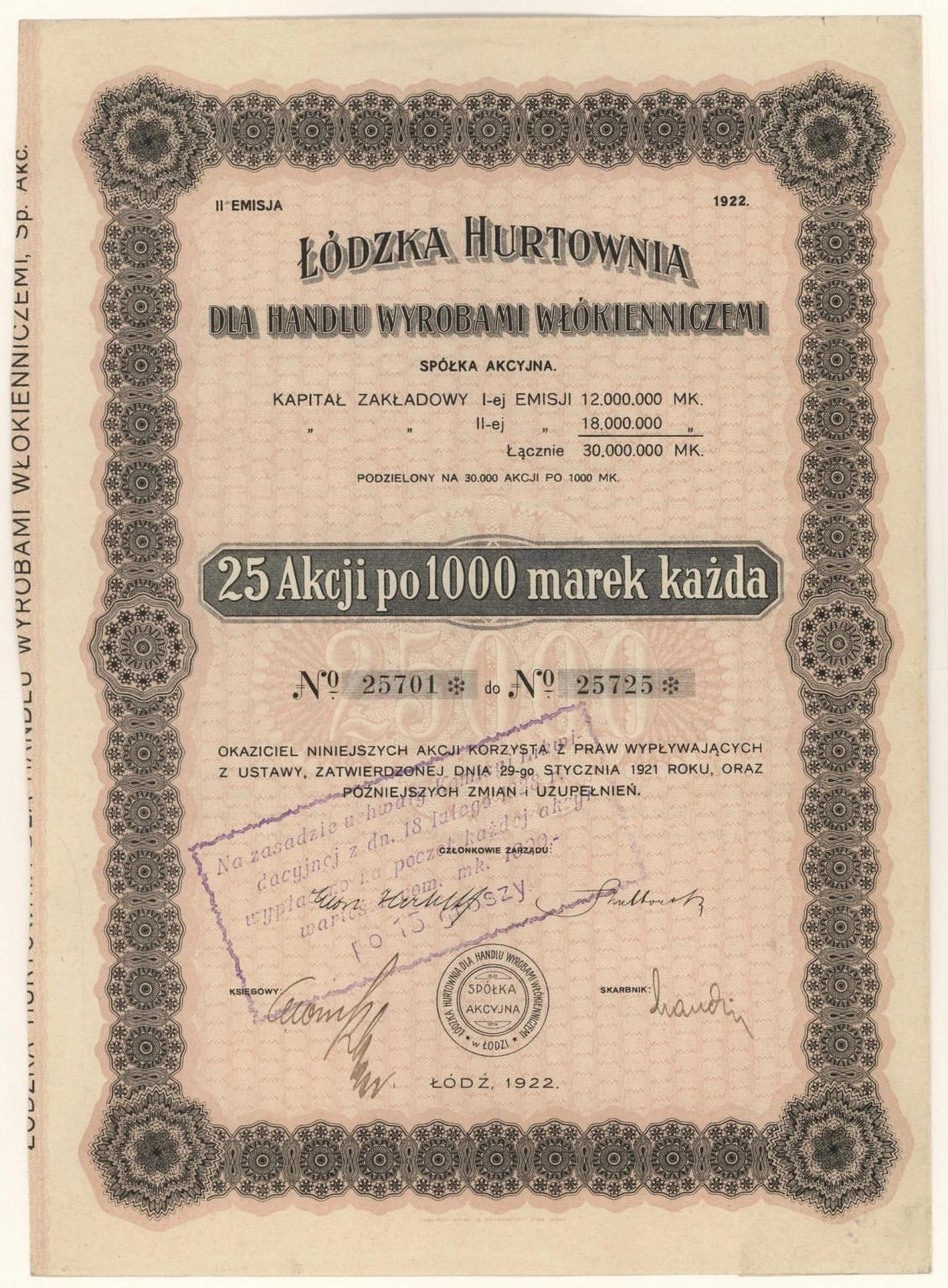 Zdjęcie akcji Łódzka Hurtownia dla Handlu Wyrobami Włókienniczymi Spółka Akcyjna