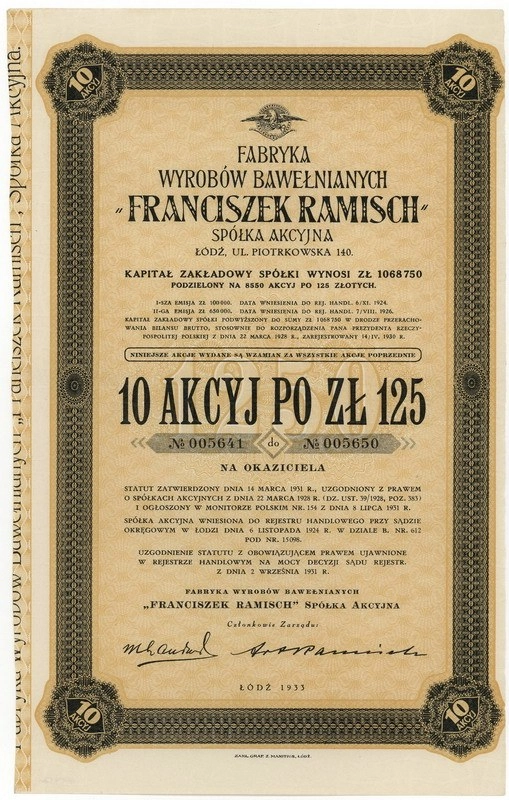 Zdjęcie akcji Fabryka Wyrobów Bawełnianych "Franciszek Ramisch" Spółka Akcyjna