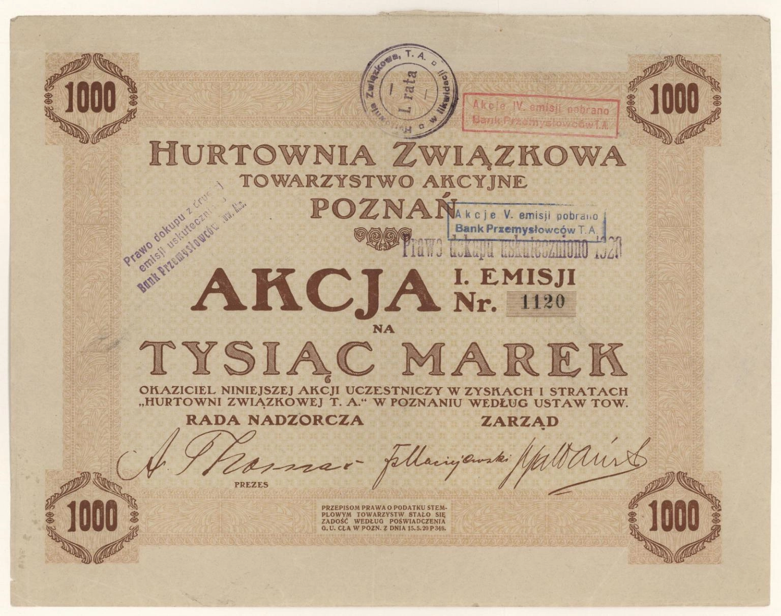 Zdjęcie akcji Hurtownia Związkowa Towarzystwo Akcyjne