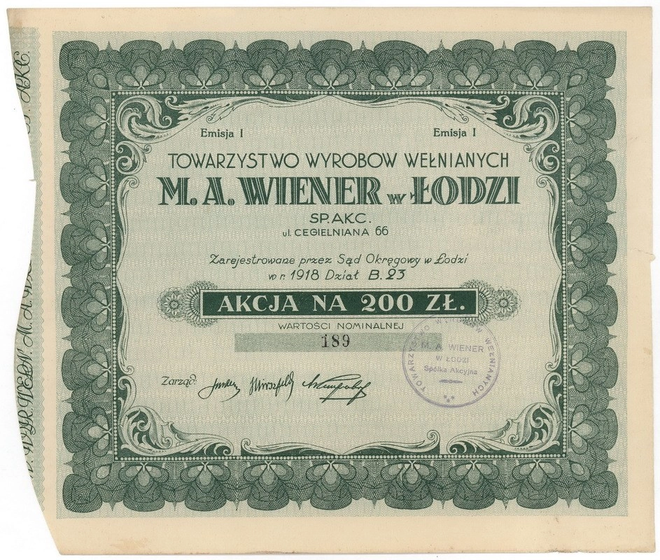 Zdjęcie akcji Towarzystwo Wyrobów Wełnianych "M. A. Wiener" Spółka Akcyjna w Łodzi