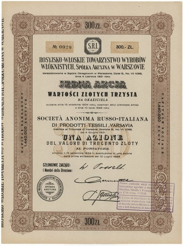 Zdjęcie akcji Rosyjsko-Włoskie Towarzystwo Wyrobów Włóknistych Spółka Akcyjna w Warszawie