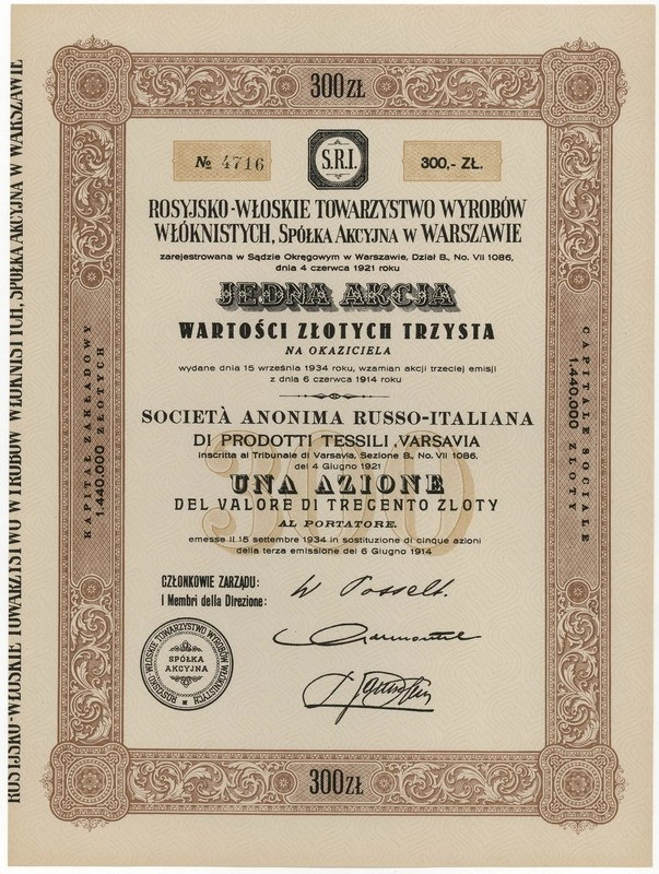 Zdjęcie akcji Rosyjsko-Włoskie Towarzystwo Wyrobów Włóknistych Spółka Akcyjna w Warszawie