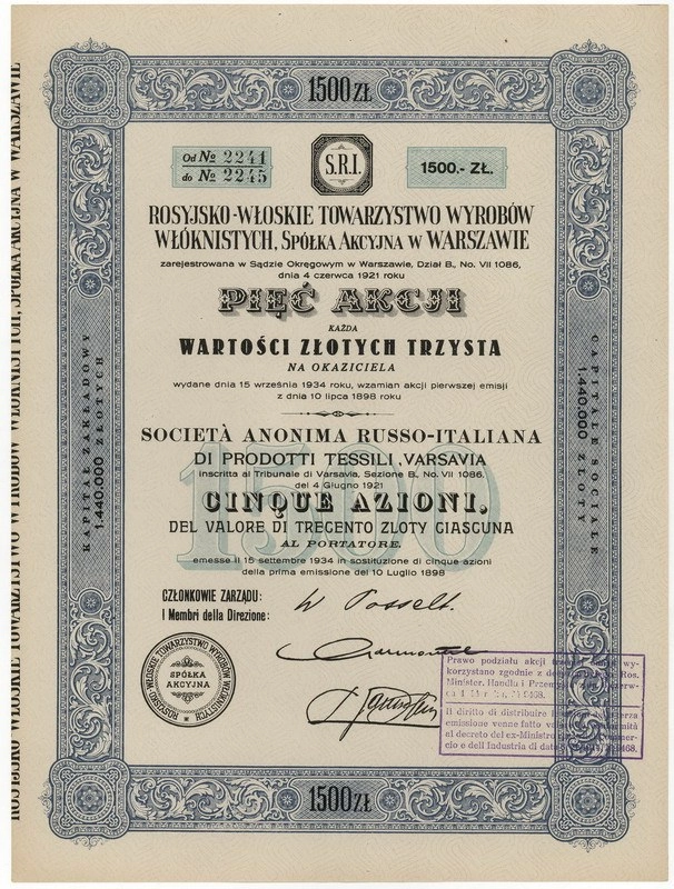 Zdjęcie akcji Rosyjsko-Włoskie Towarzystwo Wyrobów Włóknistych Spółka Akcyjna w Warszawie