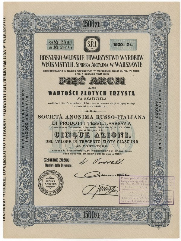 Zdjęcie akcji Rosyjsko-Włoskie Towarzystwo Wyrobów Włóknistych Spółka Akcyjna w Warszawie