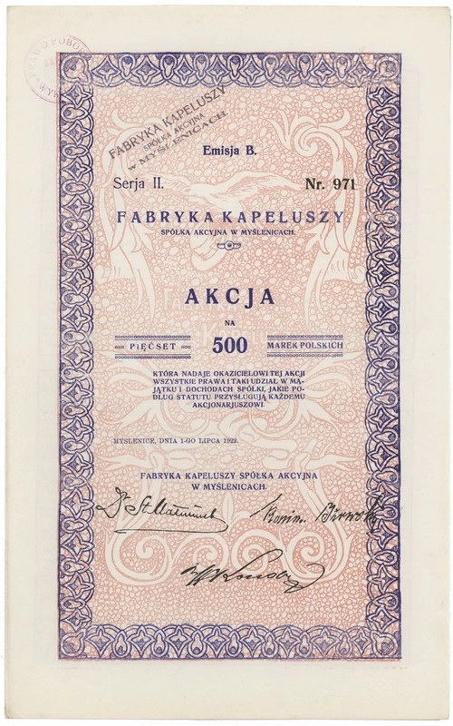 Zdjęcie akcji Fabryka Kapeluszy Spółka Akcyjna w Myślenicach