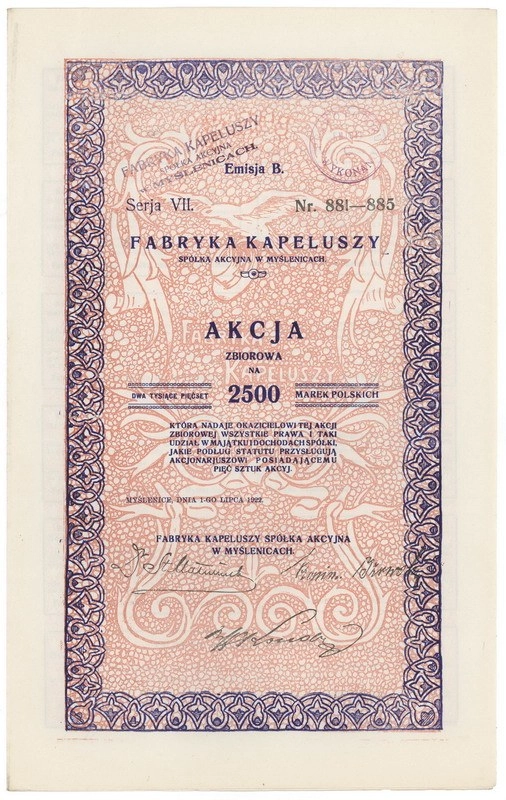 Zdjęcie akcji Fabryka Kapeluszy Spółka Akcyjna w Myślenicach