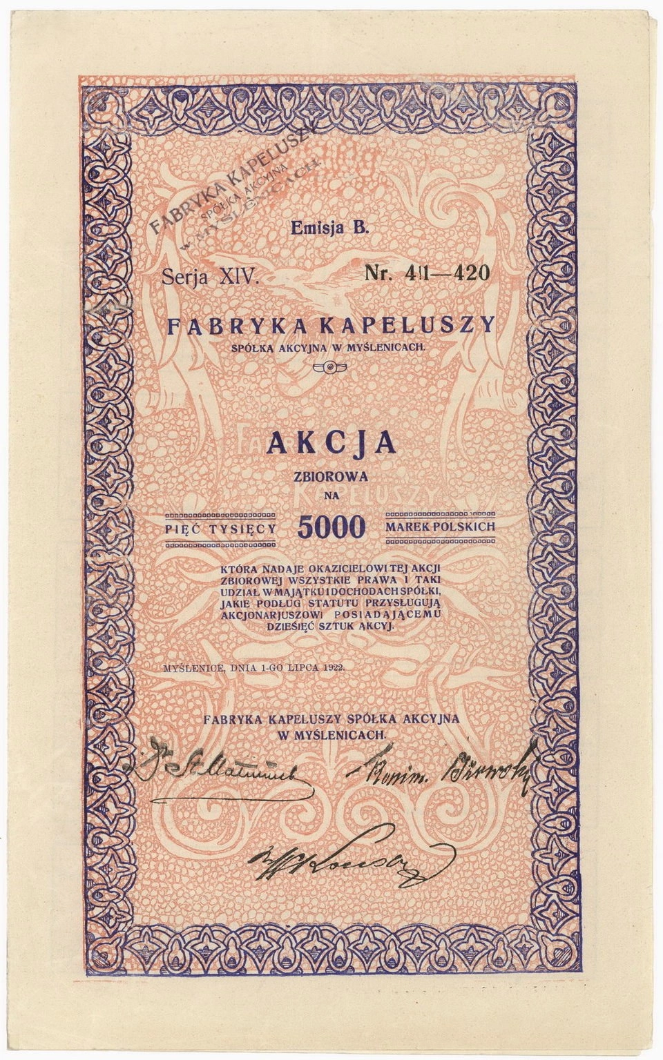 Zdjęcie akcji Fabryka Kapeluszy Spółka Akcyjna w Myślenicach