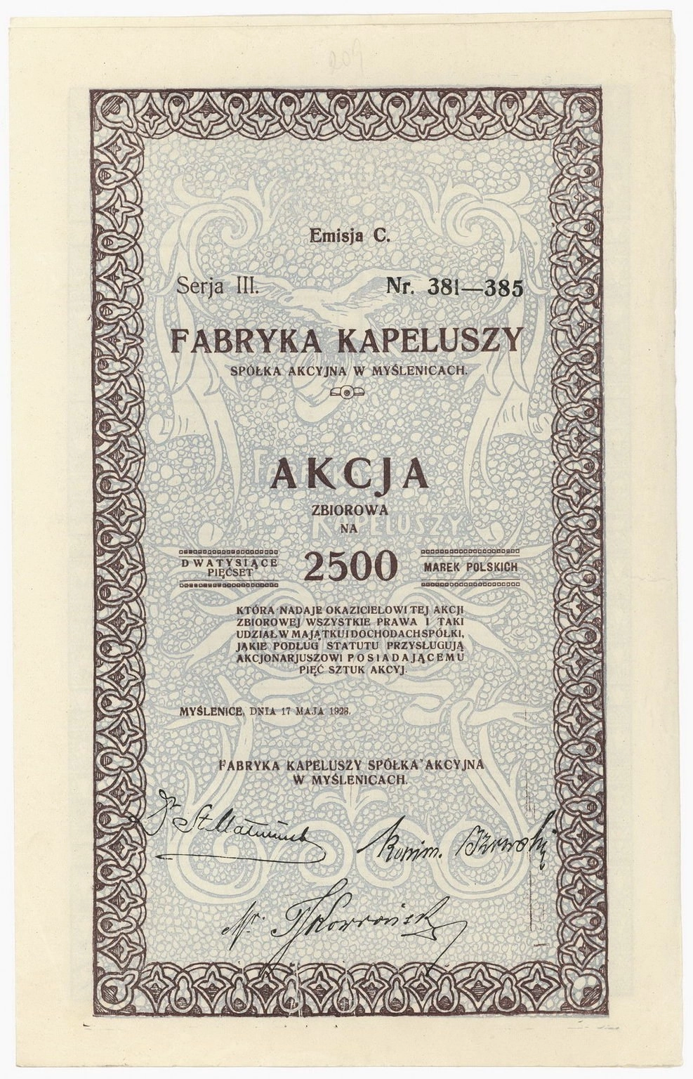 Zdjęcie akcji Fabryka Kapeluszy Spółka Akcyjna w Myślenicach