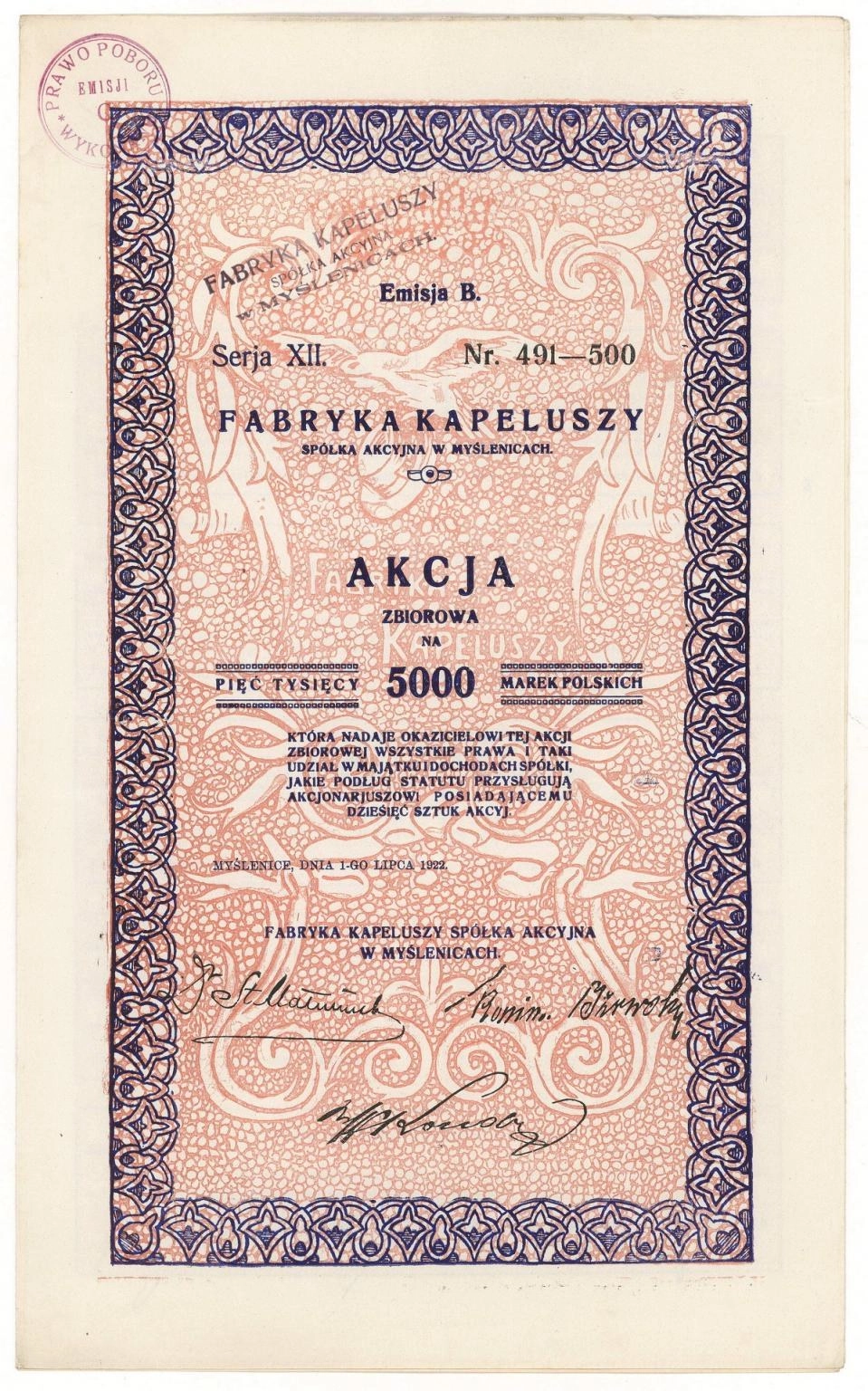 Zdjęcie akcji Fabryka Kapeluszy Spółka Akcyjna w Myślenicach