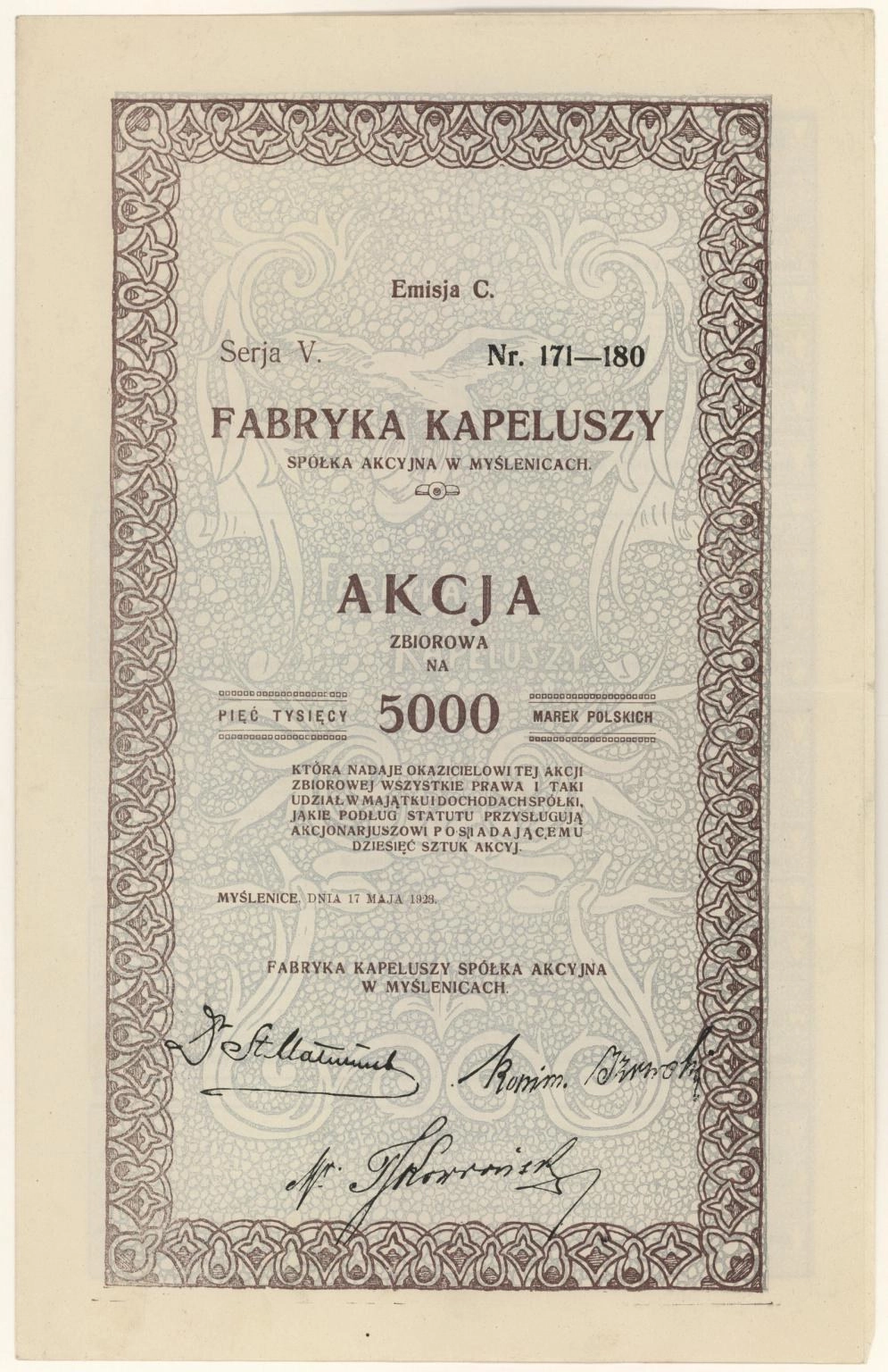 Zdjęcie akcji Fabryka Kapeluszy Spółka Akcyjna w Myślenicach