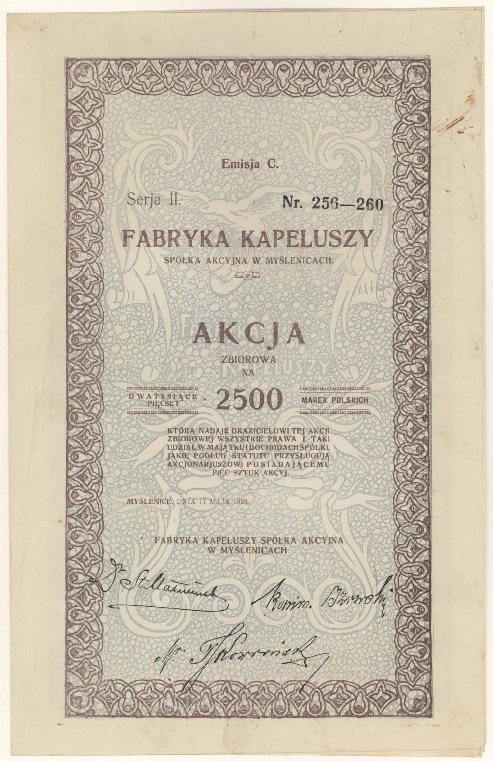 Zdjęcie akcji Fabryka Kapeluszy Spółka Akcyjna w Myślenicach