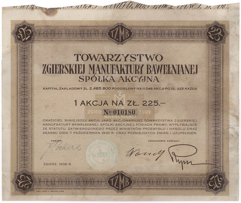 Zdjęcie akcji Towarzystwo Zgierskiej Manufaktury Bawełnianej Spółka Akcyjna