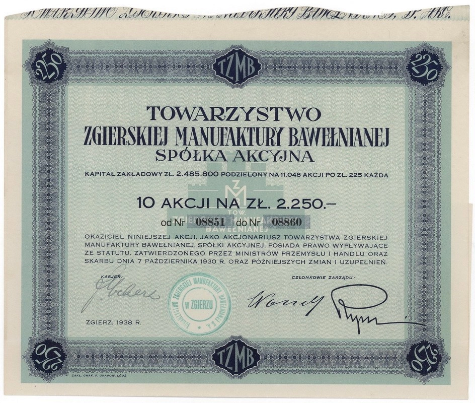 Zdjęcie akcji Towarzystwo Zgierskiej Manufaktury Bawełnianej Spółka Akcyjna