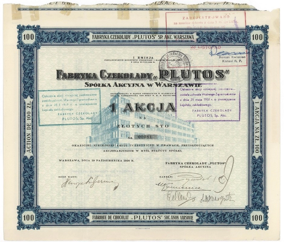 Zdjęcie akcji Fabryka Czekolady "Plutos" Spółka Akcyjna