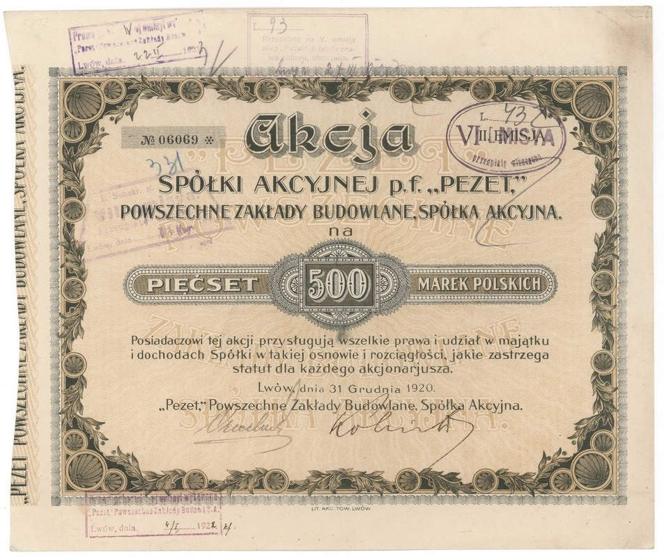 Zdjęcie akcji "Pezet" Powszechne Zakłady Budowlane Spółka Akcyjna