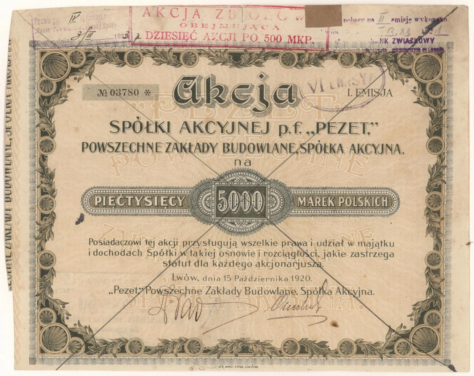 Zdjęcie akcji "Pezet" Powszechne Zakłady Budowlane Spółka Akcyjna