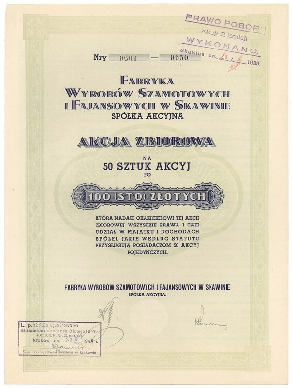 Zdjęcie akcji Fabryka Wyrobów Szamotowych i Fajansowych Spółka Akcyjna w Skawinie